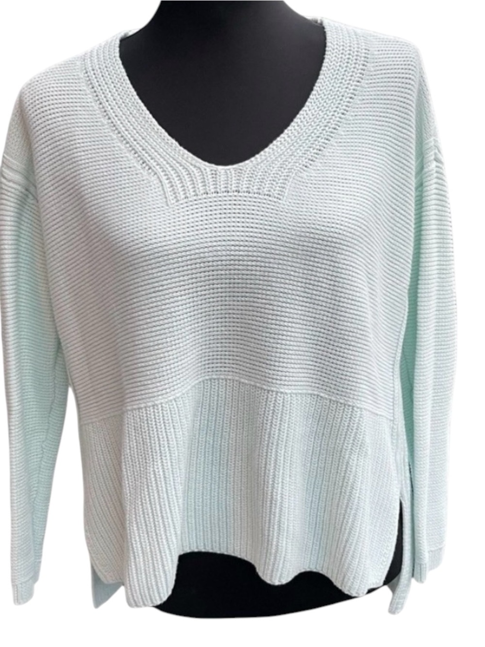 Lord & Taylor Light Mint Green Cotton V-Neck Split Hem Ribbed Sweater (S)